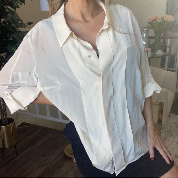 Rena Lange Ivory Silk Pleated Long Sleeve Loose Fit Button Up Blouse Top Size 16 - Picture 4 of 12